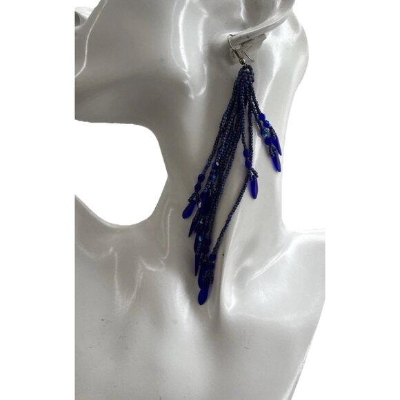 Vintage Boho Native Dark Blue Seed Glass Beaded Earrings Fringe Tassel Long 5.5” - Picture 1 of 9
